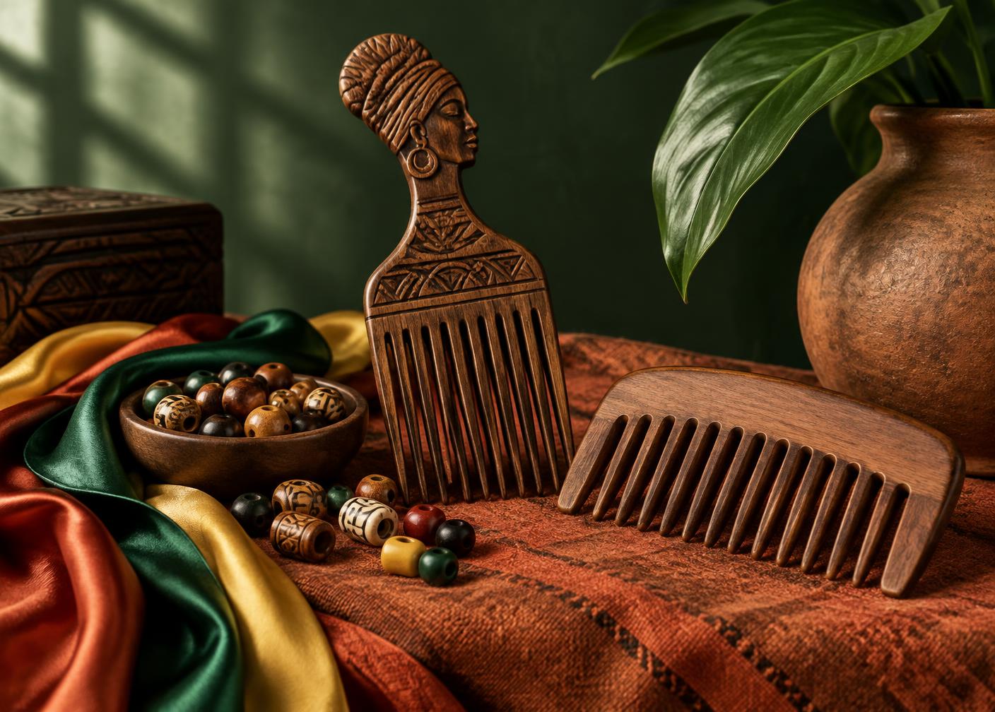 Wooden hair pick, wide-tooth comb, beads and ribbons celebrating Caribbean haircare traditions